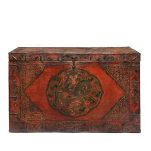 Large Painted Tibetan Dragon Storage Chest - 18thC