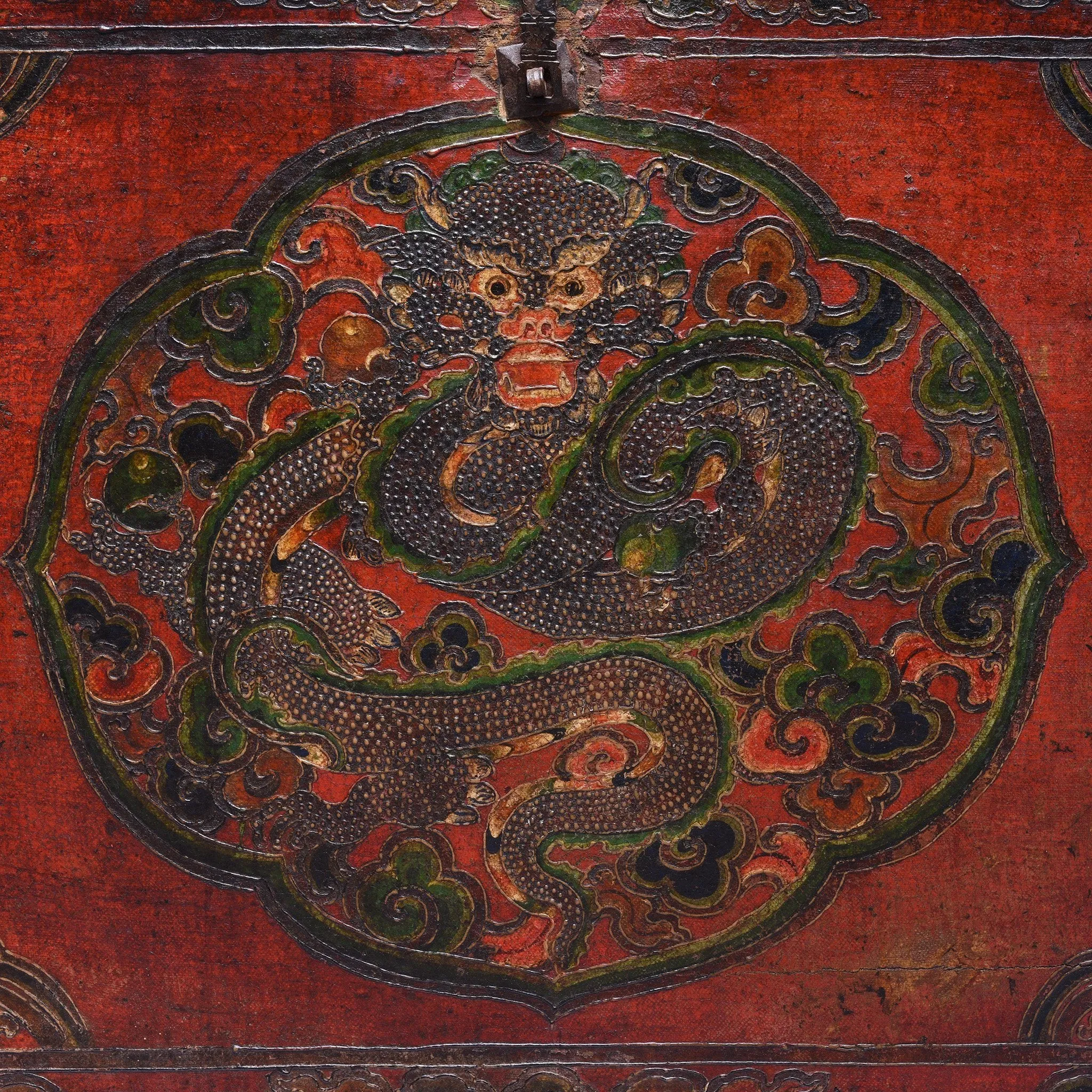 Large Painted Tibetan Dragon Storage Chest - 18thC