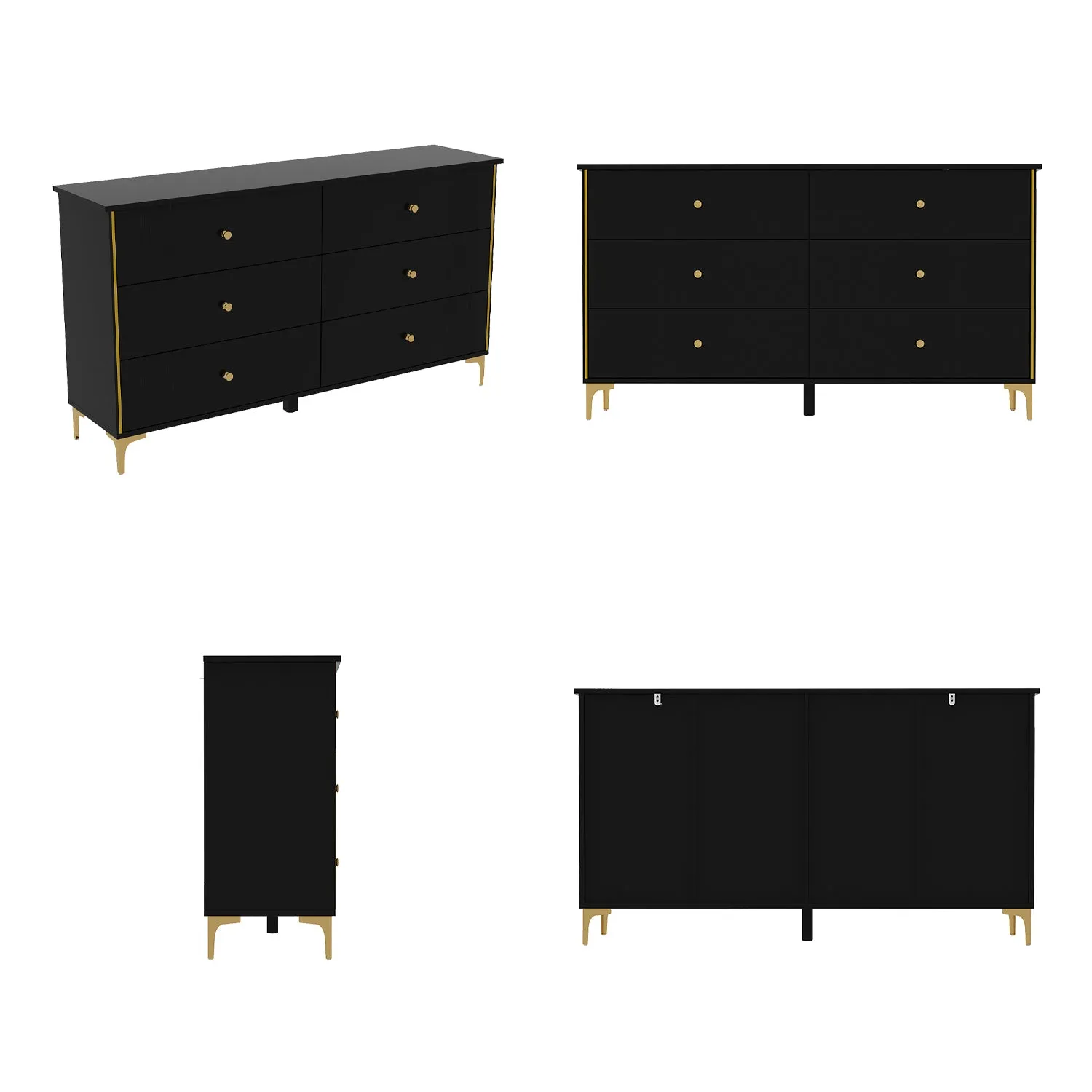 Modern 6-Drawer Sideboard Cabinet with Golden Pulls & Metal Legs - 63" Wide