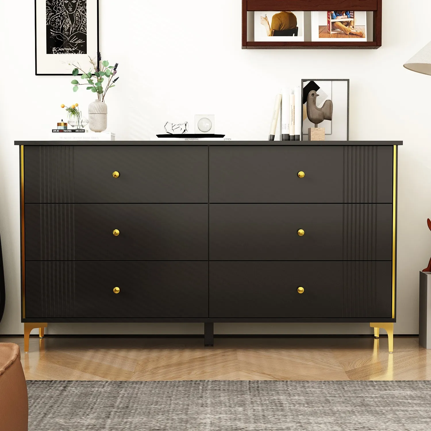 Modern 6-Drawer Sideboard Cabinet with Golden Pulls & Metal Legs - 63" Wide