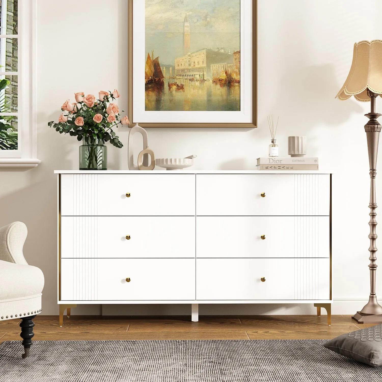 Modern 6-Drawer Sideboard Cabinet with Golden Pulls & Metal Legs - 63" Wide