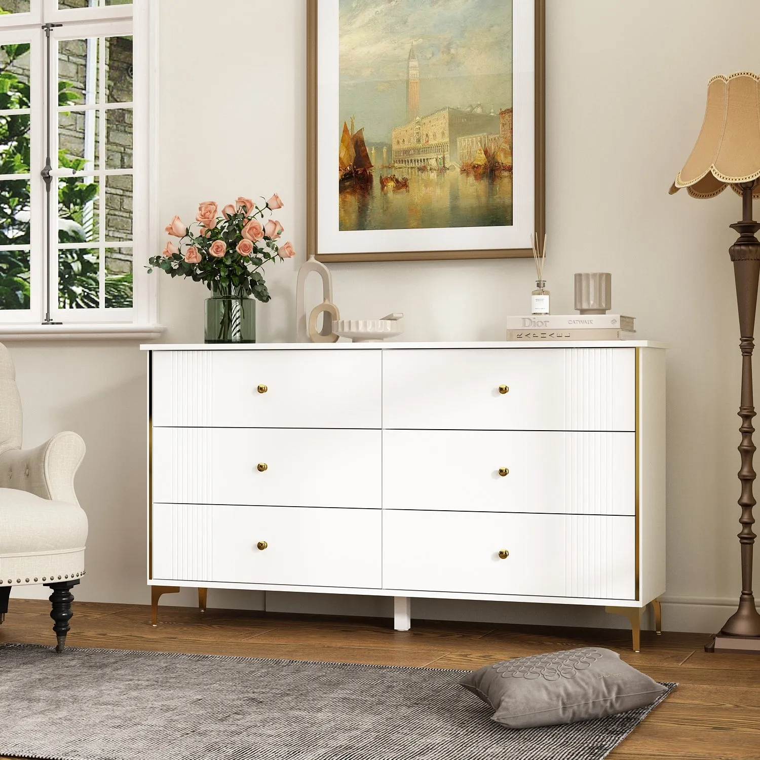 Modern 6-Drawer Sideboard Cabinet with Golden Pulls & Metal Legs - 63" Wide