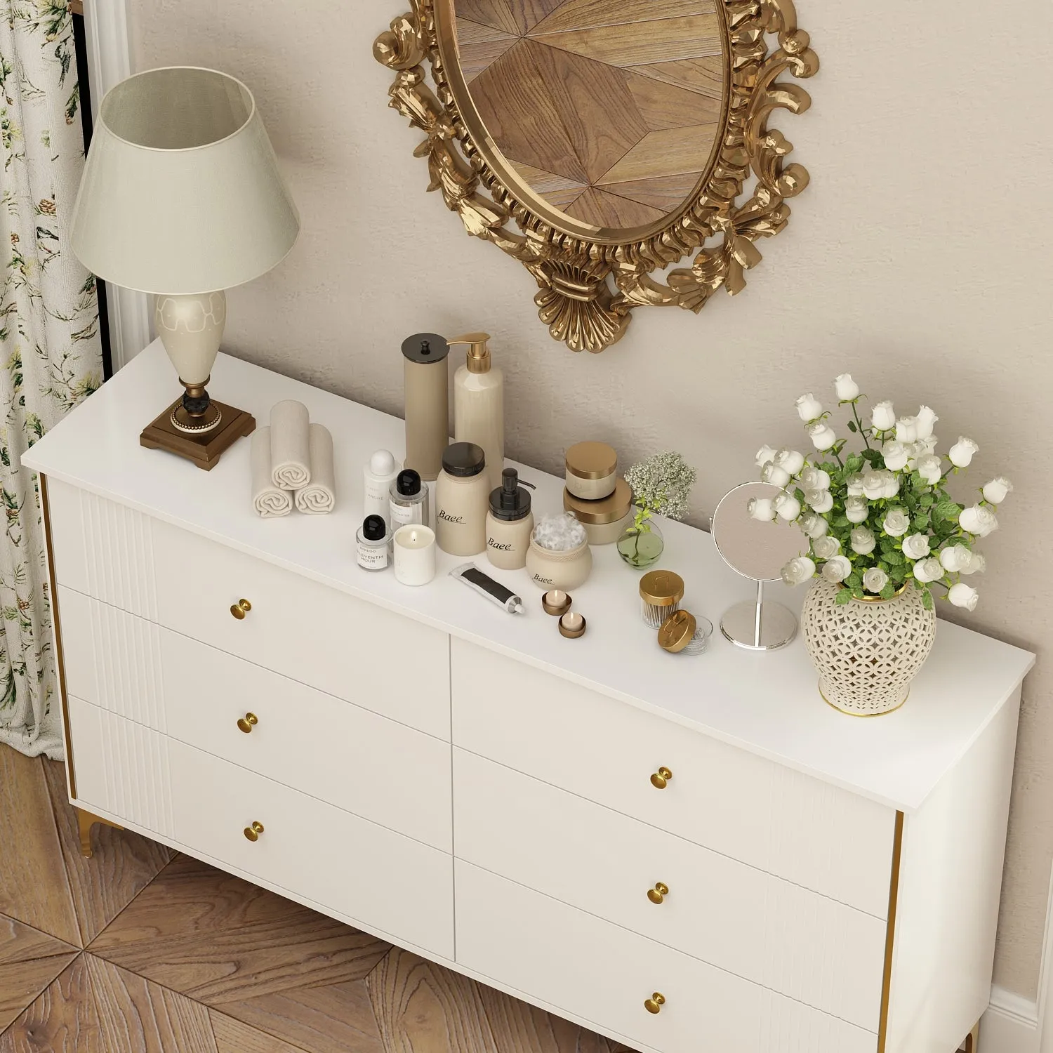 Modern 6-Drawer Sideboard Cabinet with Golden Pulls & Metal Legs - 63" Wide