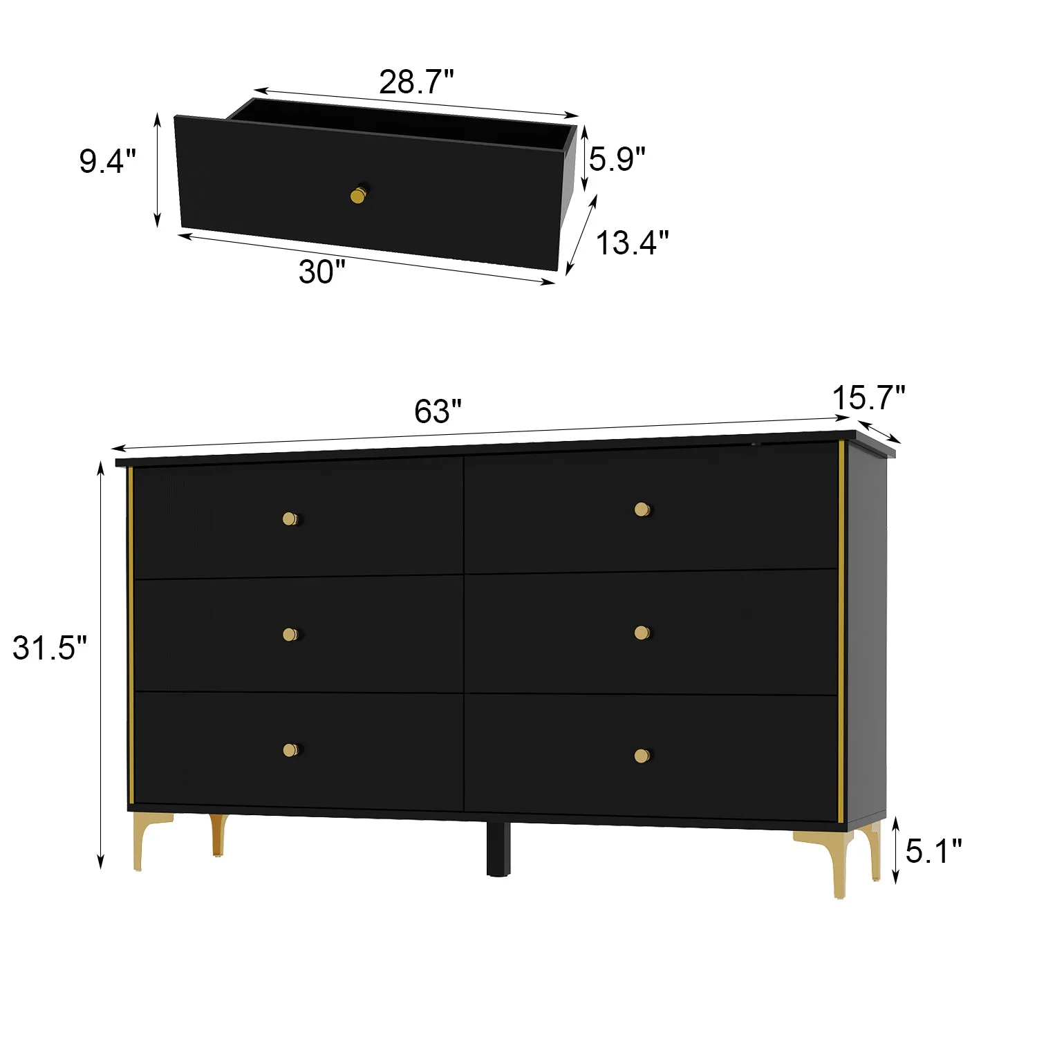 Modern 6-Drawer Sideboard Cabinet with Golden Pulls & Metal Legs - 63" Wide