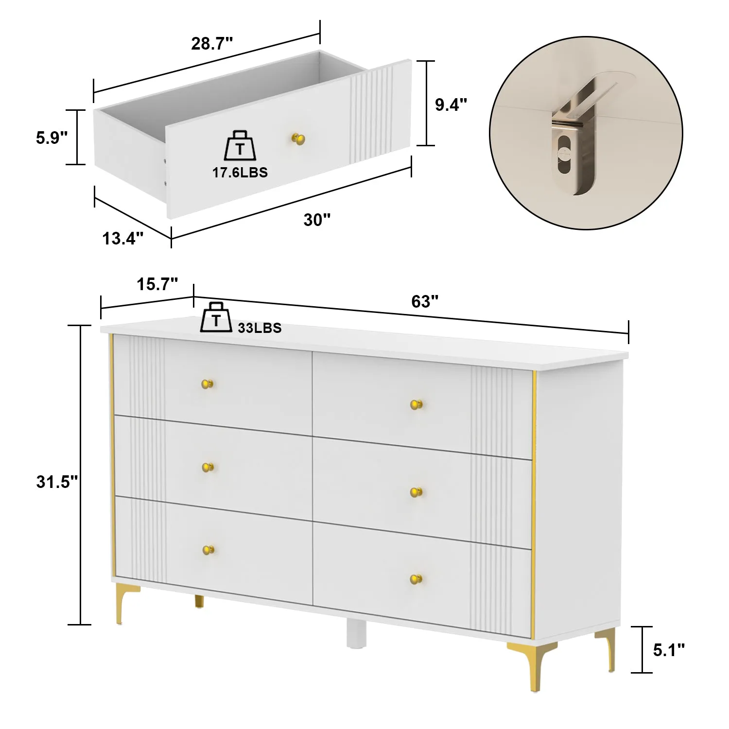 Modern 6-Drawer Sideboard Cabinet with Golden Pulls & Metal Legs - 63" Wide