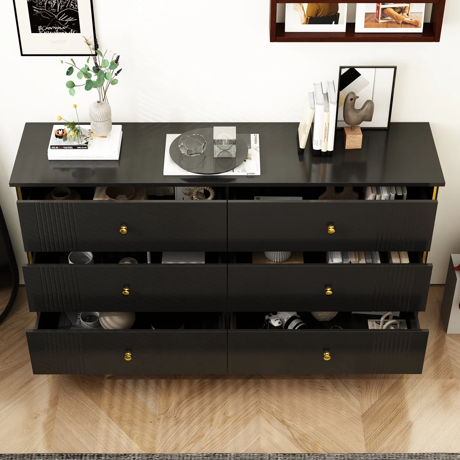 Modern 6-Drawer Sideboard Cabinet with Golden Pulls & Metal Legs - 63" Wide