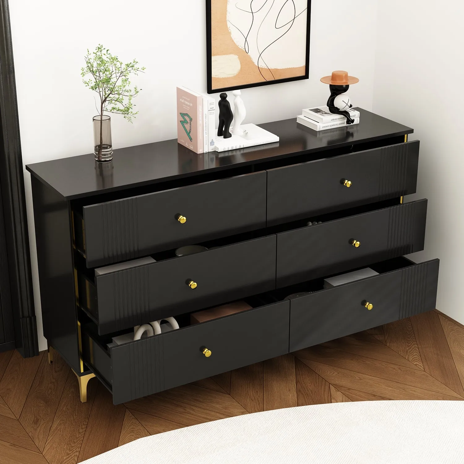 Modern 6-Drawer Sideboard Cabinet with Golden Pulls & Metal Legs - 63" Wide