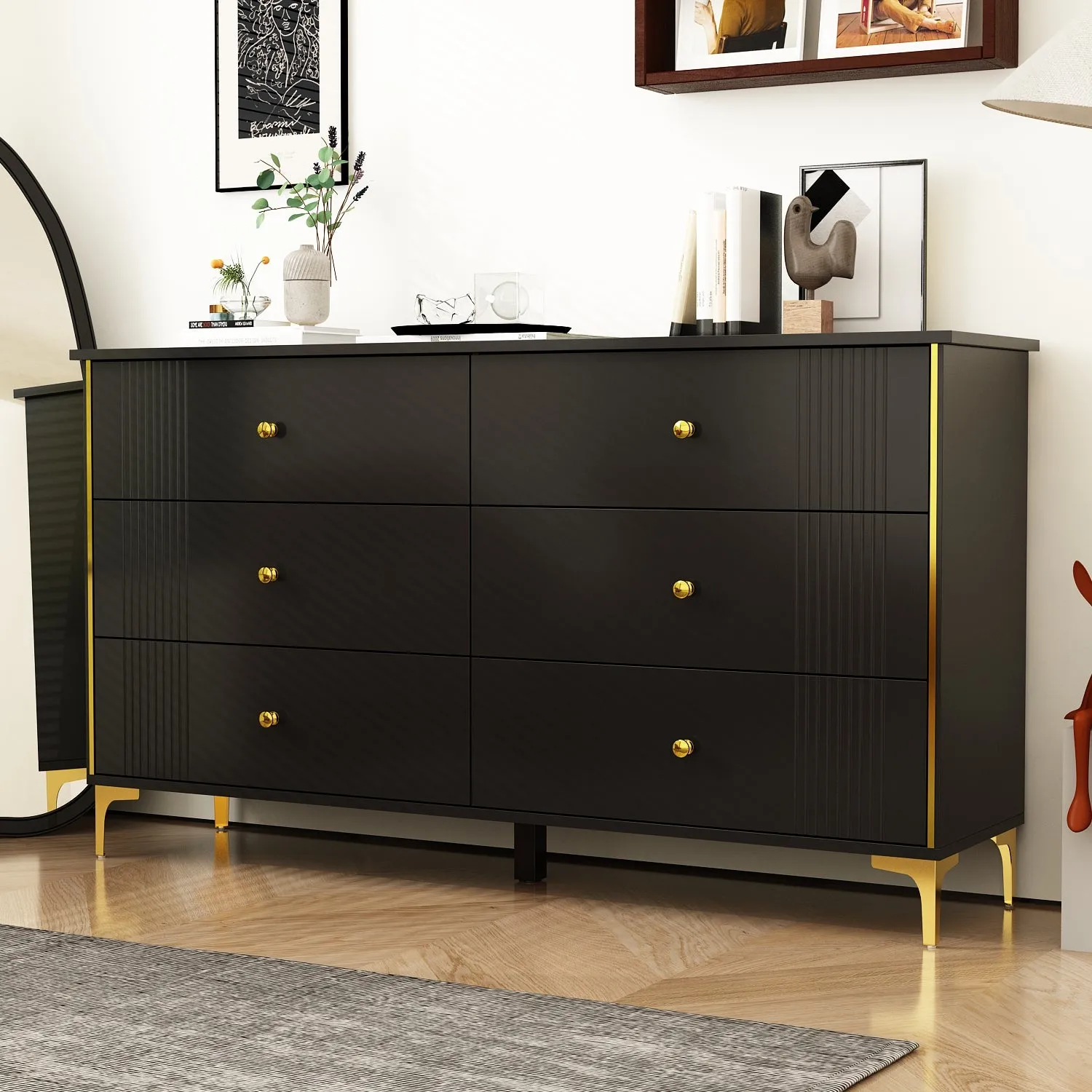 Modern 6-Drawer Sideboard Cabinet with Golden Pulls & Metal Legs - 63" Wide