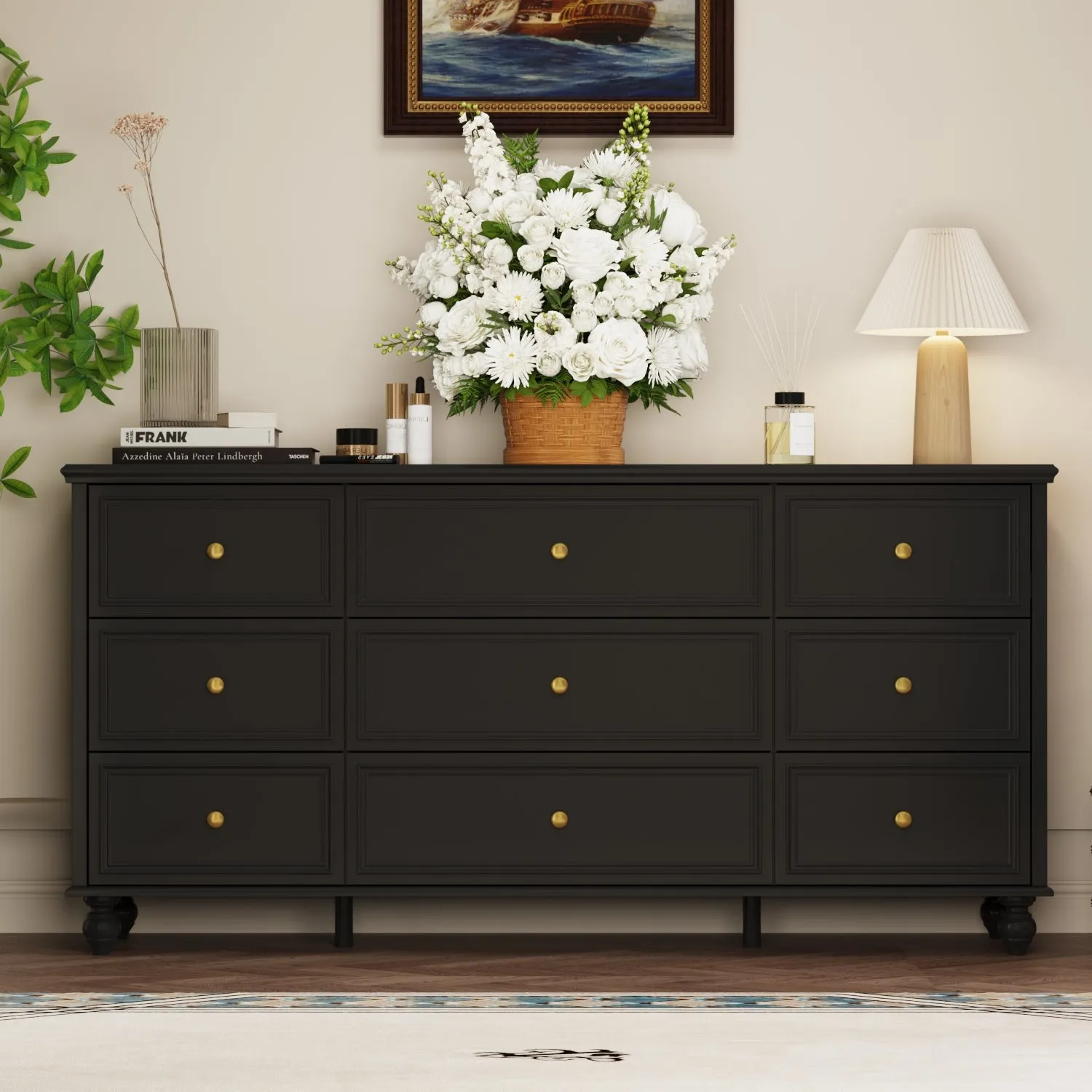 Modern 9-Drawer Triple Dresser in White Finish