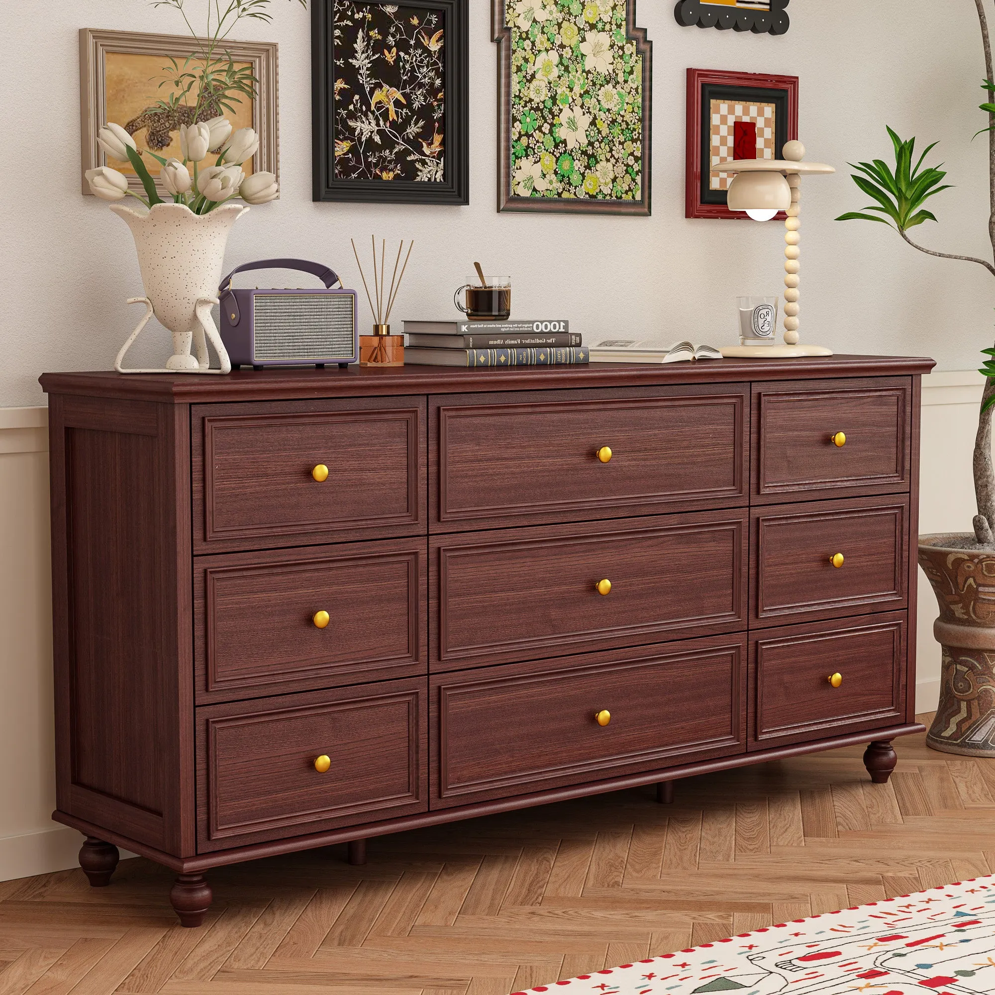 Modern 9-Drawer Triple Dresser in White Finish