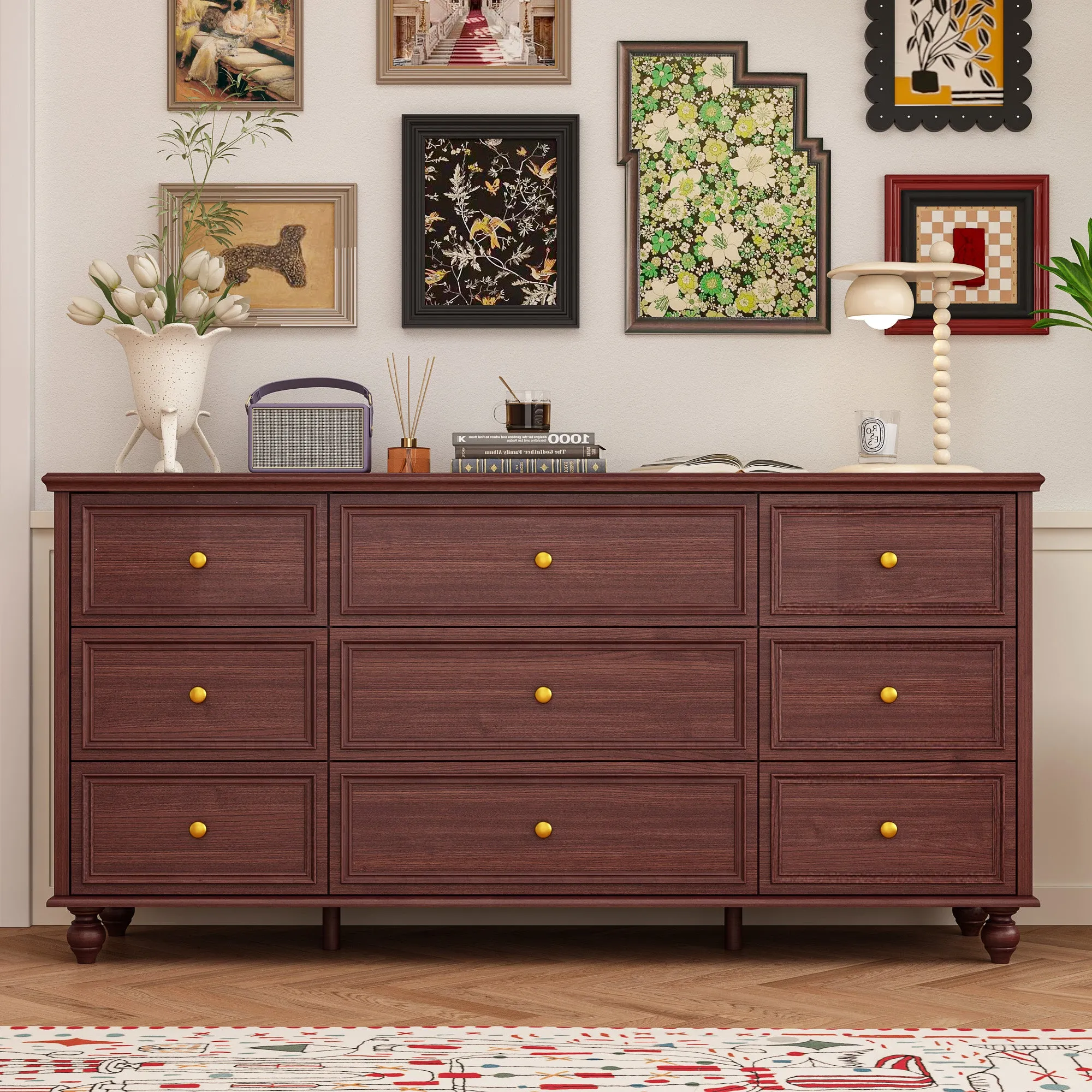 Modern 9-Drawer Triple Dresser in White Finish