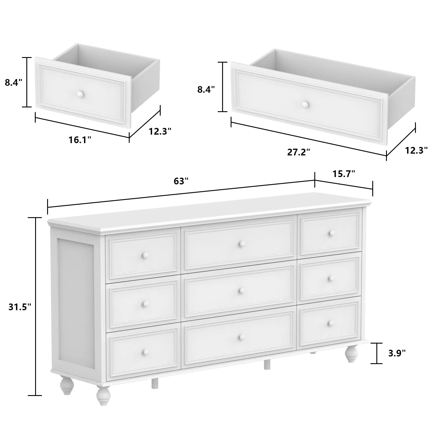 Modern 9-Drawer Triple Dresser in White Finish