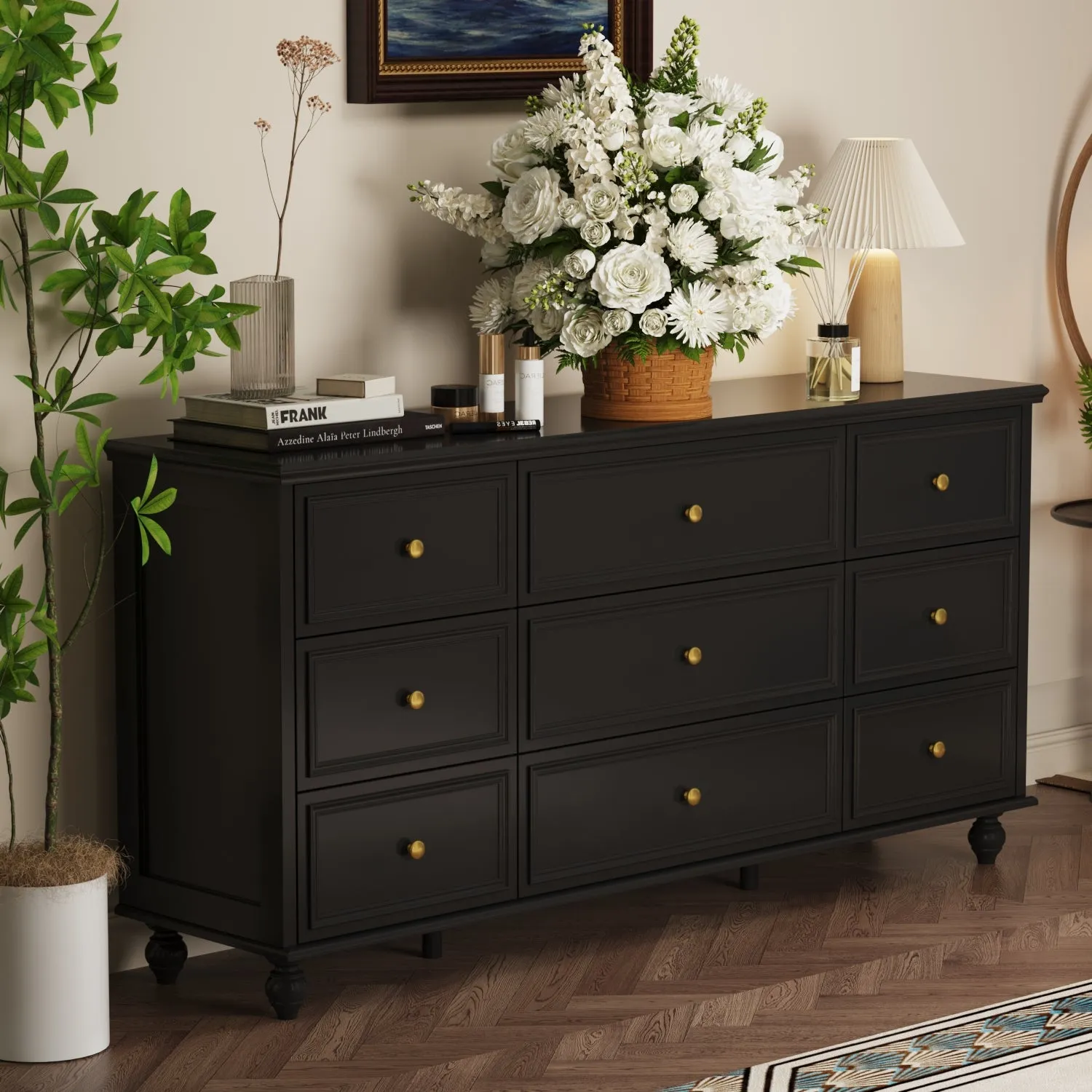 Modern 9-Drawer Triple Dresser in White Finish