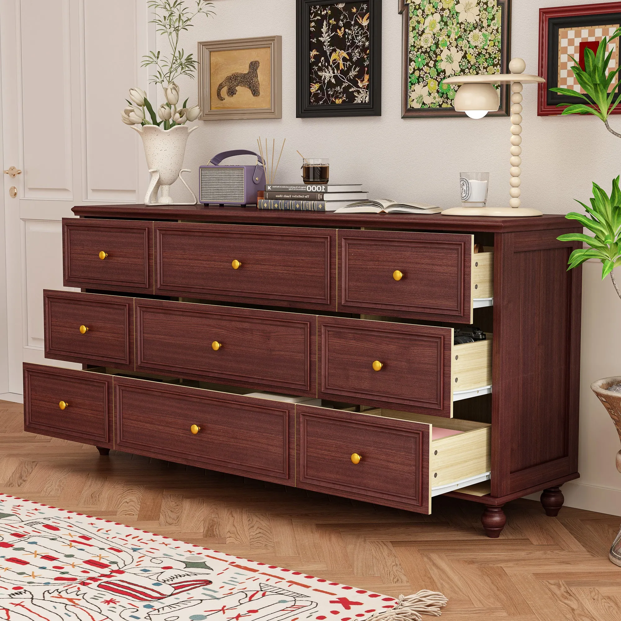 Modern 9-Drawer Triple Dresser in White Finish