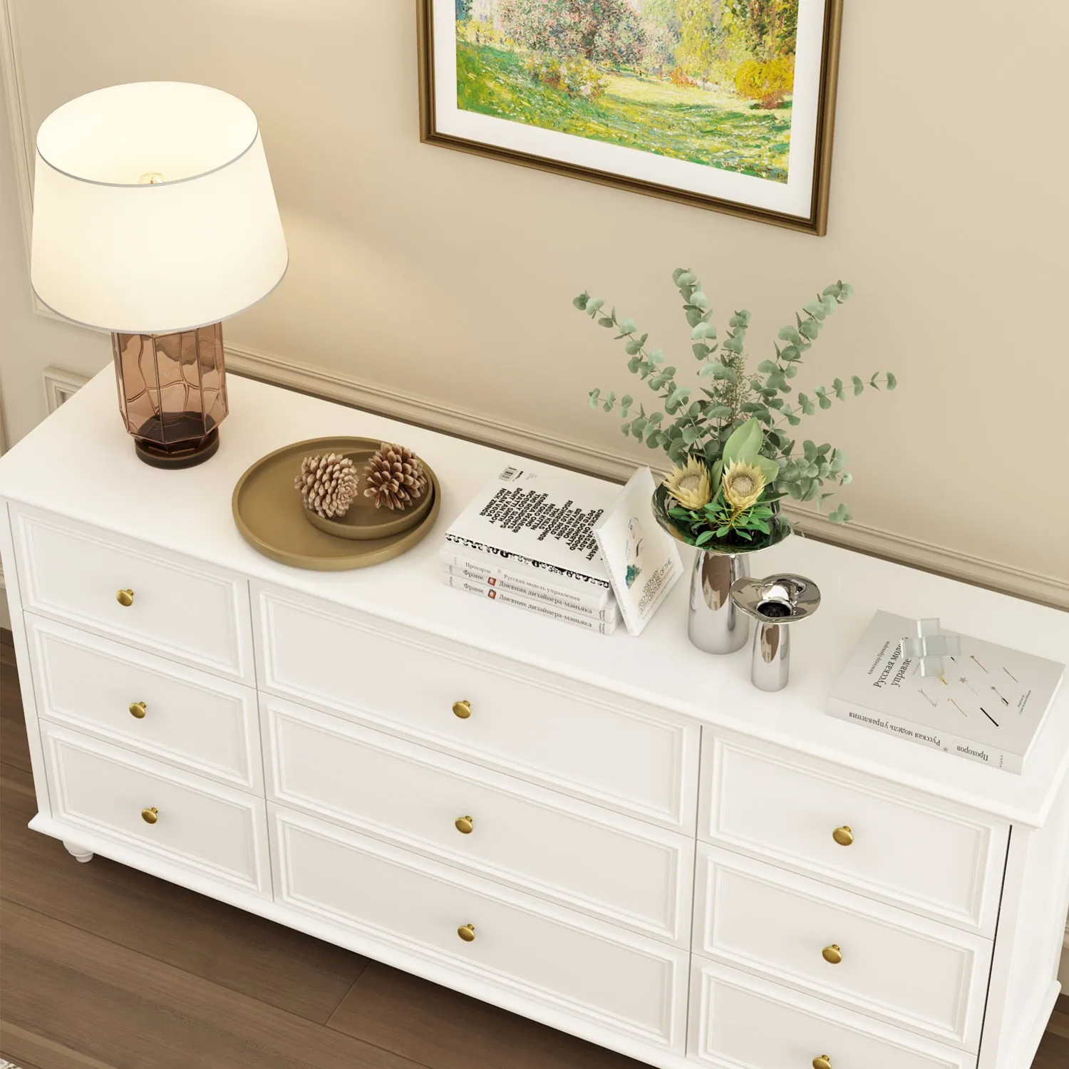 Modern 9-Drawer Triple Dresser in White Finish