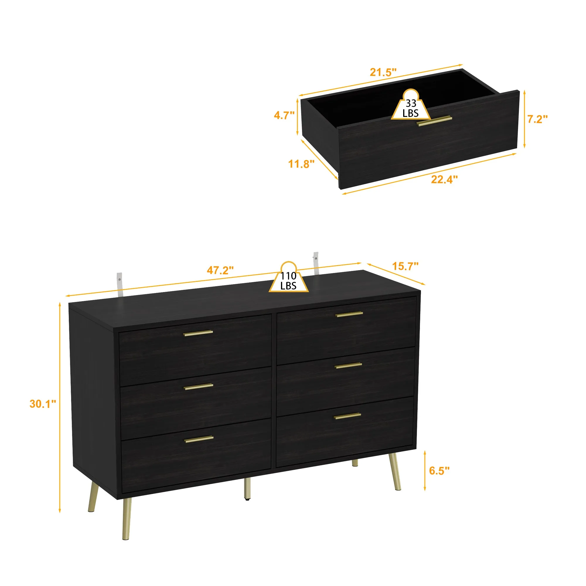 Modern Sideboard Double Dresser with 6 Drawers