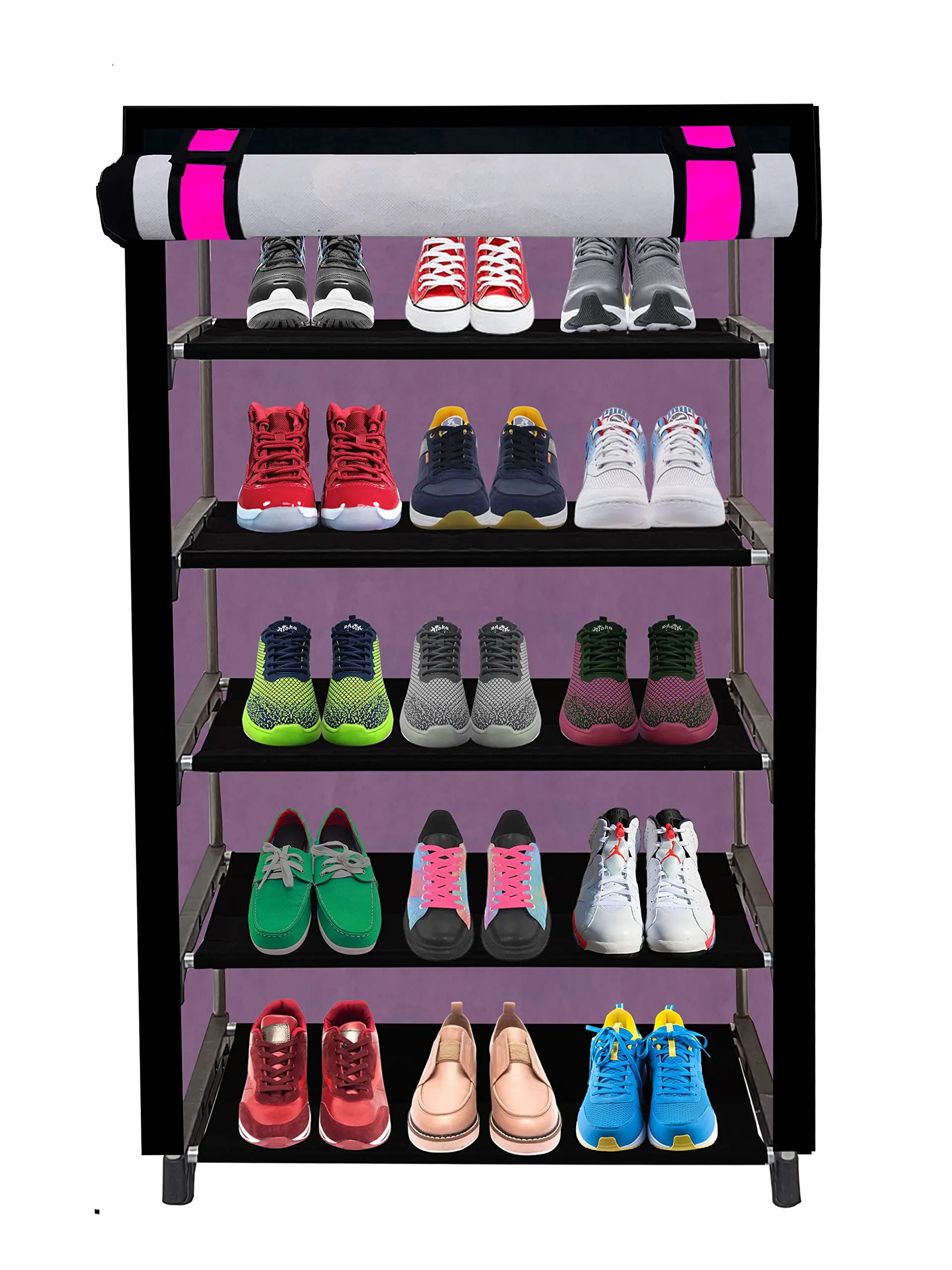 PHILOSHOP Multipurpose 5 Layer Joker Printed Storage Organizer with cover, Foldable Shoe Stand, Shoe Cabinets, Shoe Rack for Kids (Pink, Metal)