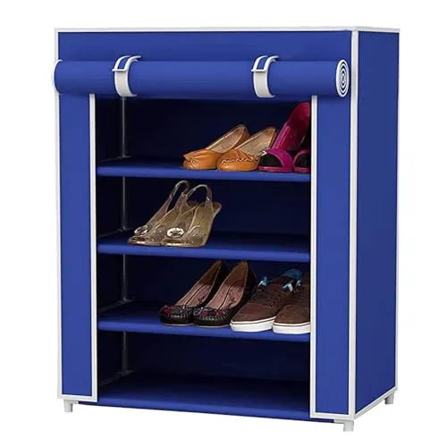 QUARCK Multipurpose 4-Tiers Shoe Rack with Dustproof Zip Cover, Multiuse Wide Space Storage Rack made by Non Woven Fabric for footwear, Toys, clothes (4 Shelves) (Blue)