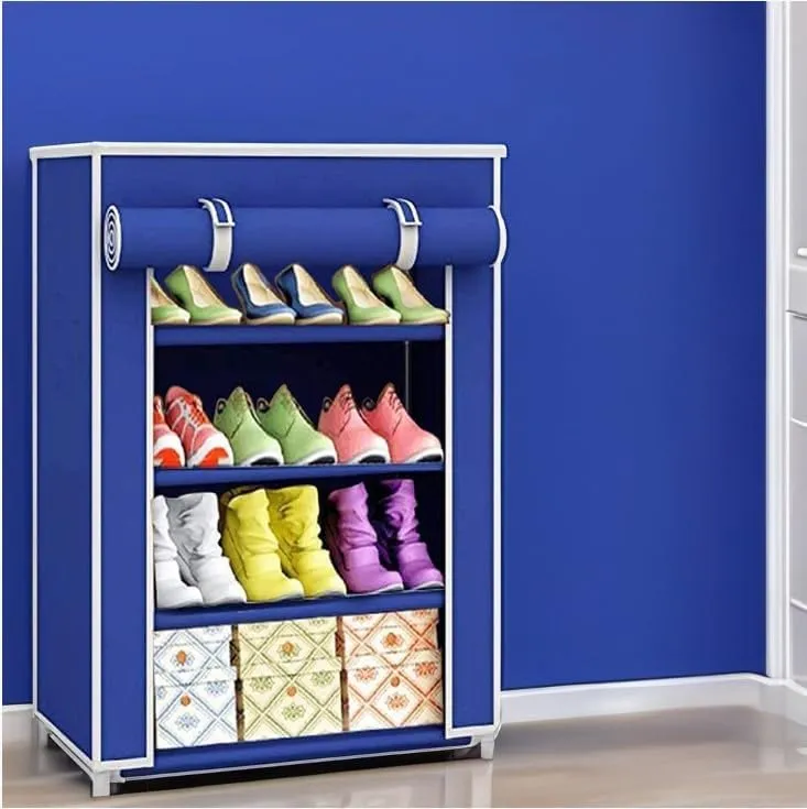 QUARCK Multipurpose 4-Tiers Shoe Rack with Dustproof Zip Cover, Multiuse Wide Space Storage Rack made by Non Woven Fabric for footwear, Toys, clothes (4 Shelves) (Blue)