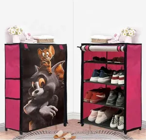 RAXON WORLD Multipurpose Collapsible 4 layer Metal Tom & Jerry Cartoon Printed Shoe Stand, Shoe Organiser for Home & Office (Pink, Metal)