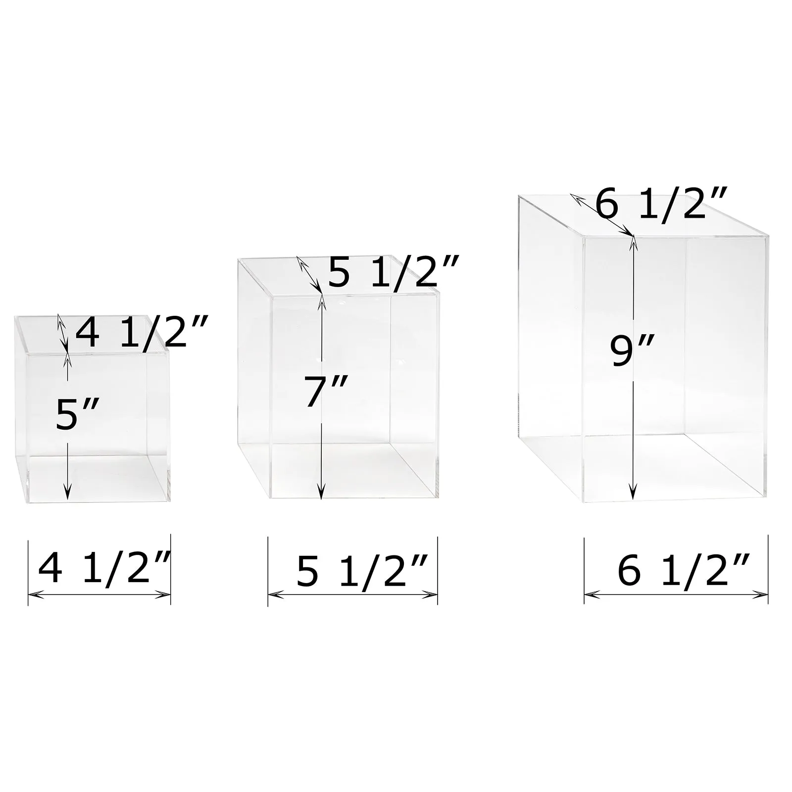 Red Co. Set of 3 (5", 7", 9") Square Clear Acrylic Event Decor Display Pedestal Stands with Polished Edges