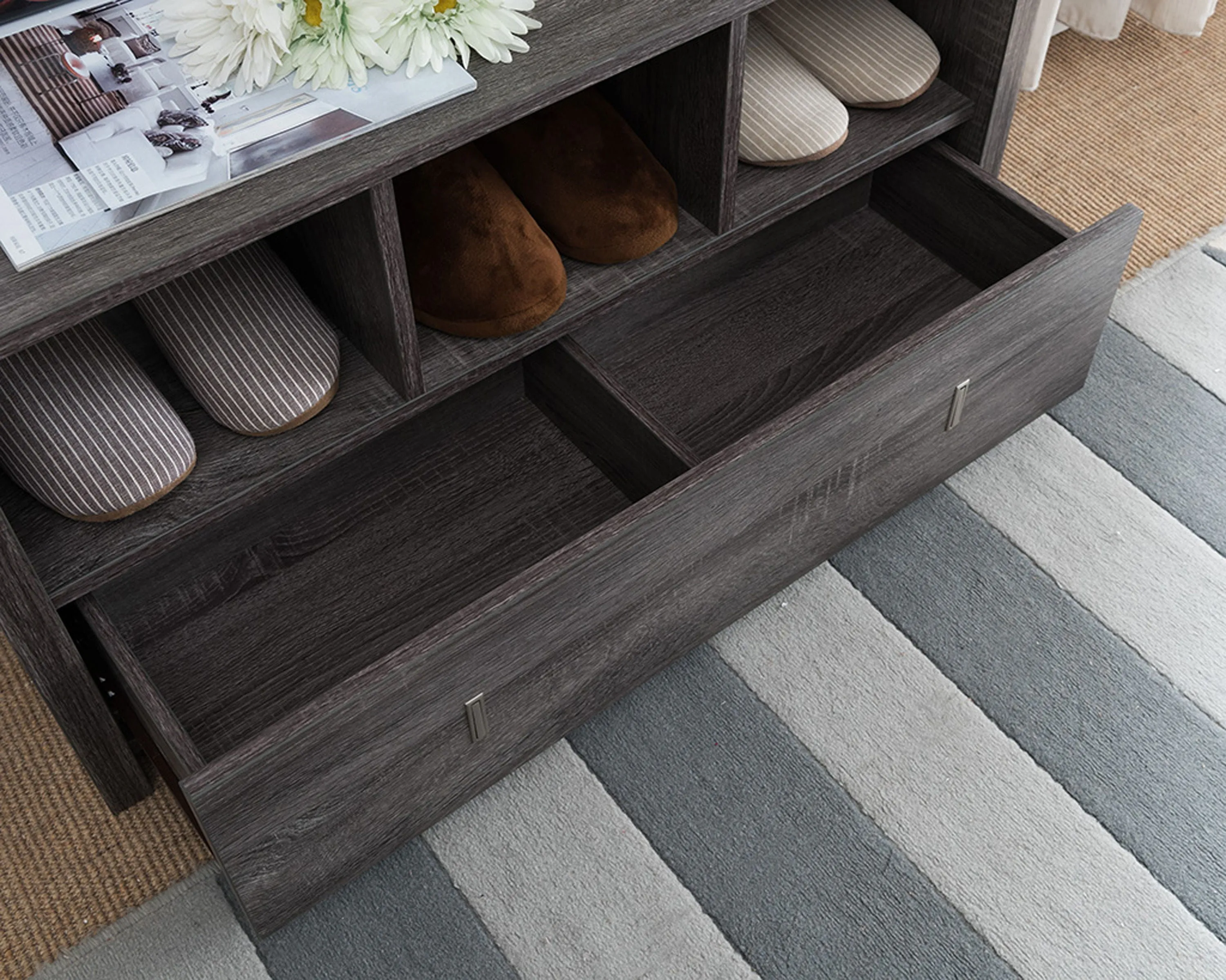 Shoe Entry Bench With Three Shelves, One Drawer With Divided Compartment