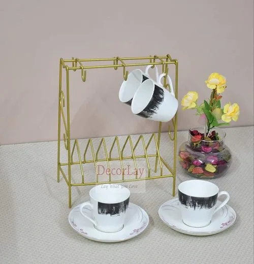 Space Saving Wrought Iron Cup and Saucer Stand Cup Holder Golden