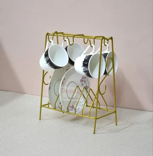 Space Saving Wrought Iron Cup and Saucer Stand Cup Holder Golden