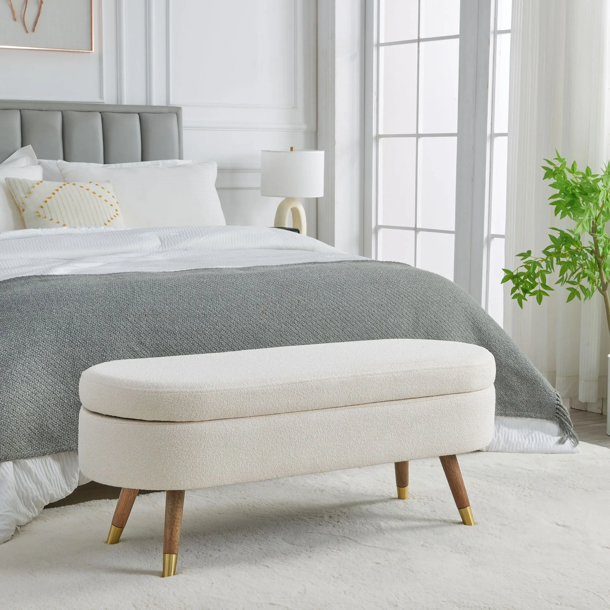 Storage Bench Upholstered Boucle Ottoman With Golden Metal Legs End Of Bed Bench For Bedroom, Living Room, Entryway, Bed Side