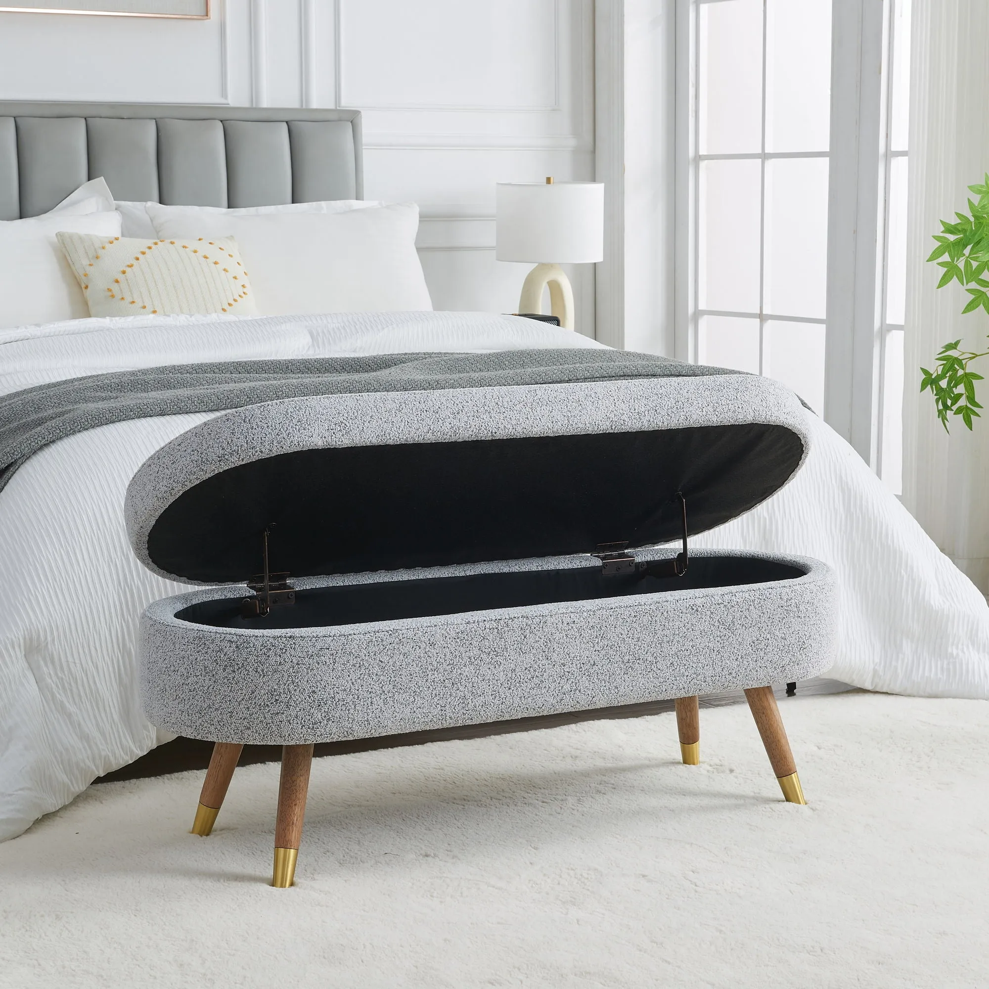 Storage Bench Upholstered Boucle Ottoman With Golden Metal Legs End Of Bed Bench For Bedroom, Living Room, Entryway, Bed Side