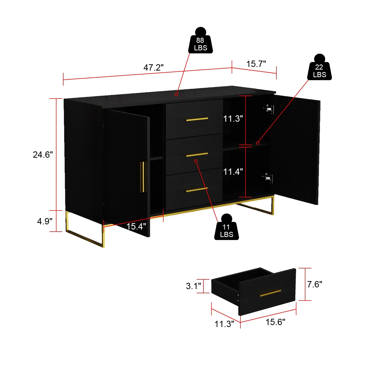 Storage Cabinet With 3 Drawers & 2 Doors Metal Legs For Dining Room and Living Room