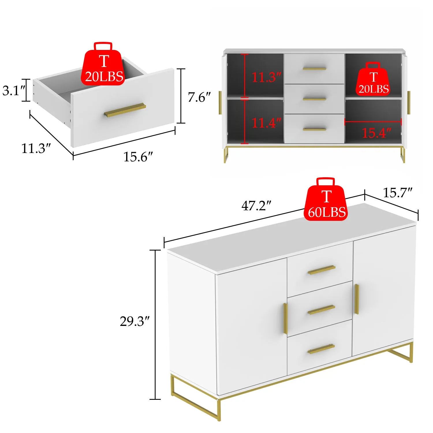 Storage Cabinet With 3 Drawers & 2 Doors Metal Legs For Dining Room and Living Room