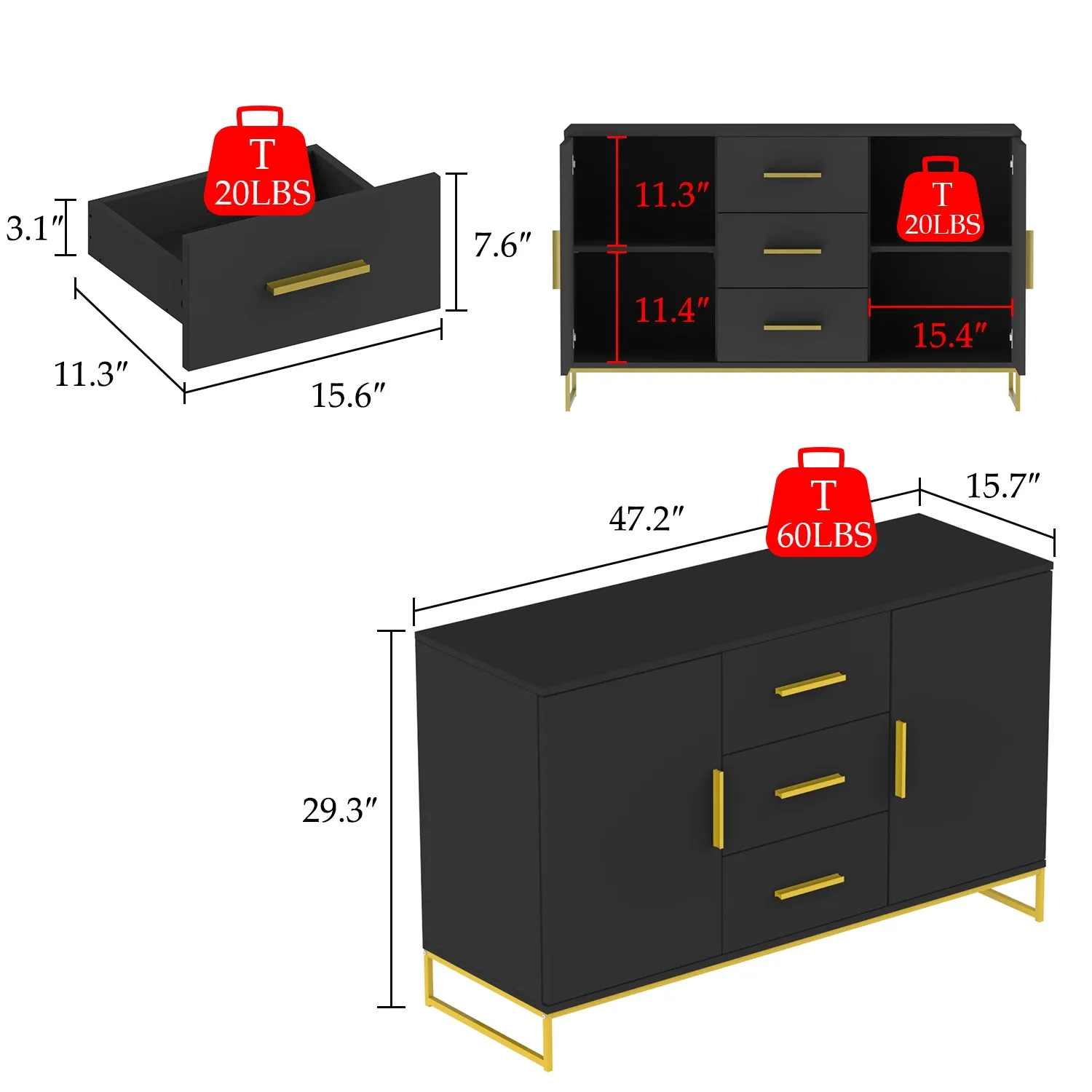 Storage Cabinet With 3 Drawers & 2 Doors Metal Legs For Dining Room and Living Room