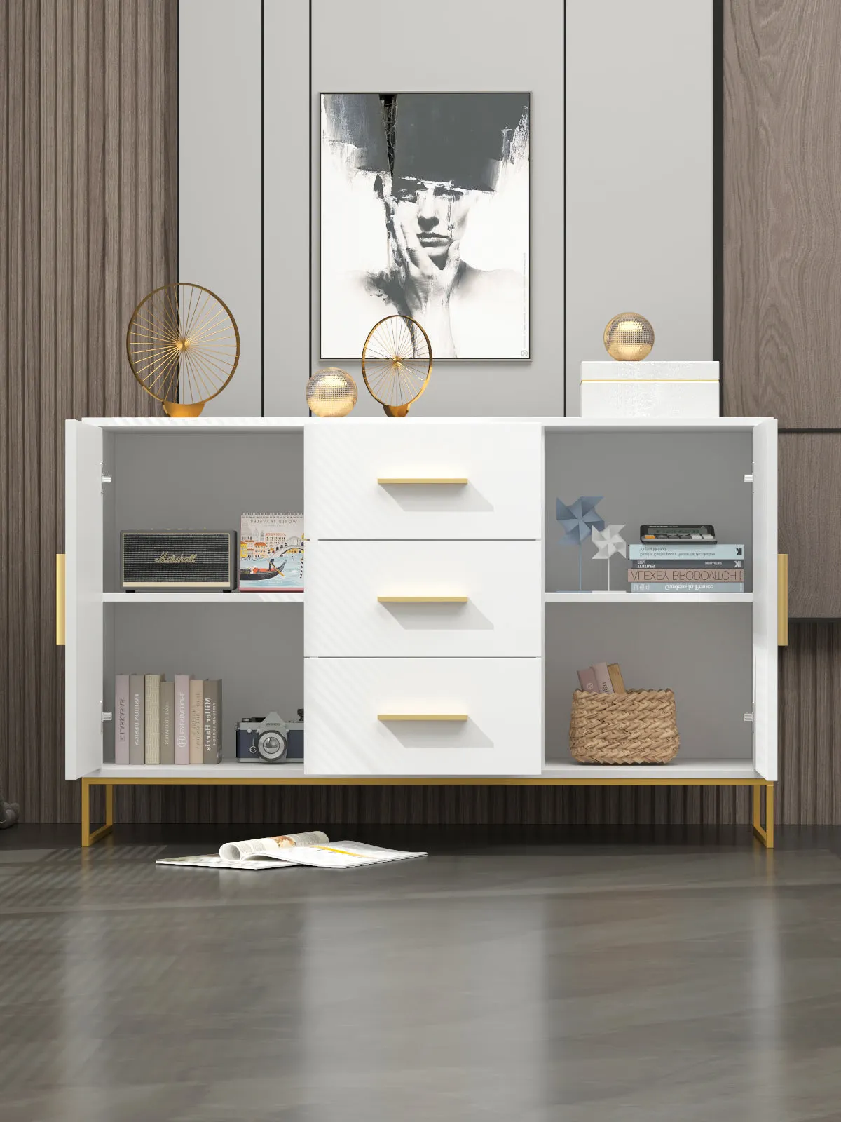 Storage Cabinet With 3 Drawers & 2 Doors Metal Legs For Dining Room and Living Room