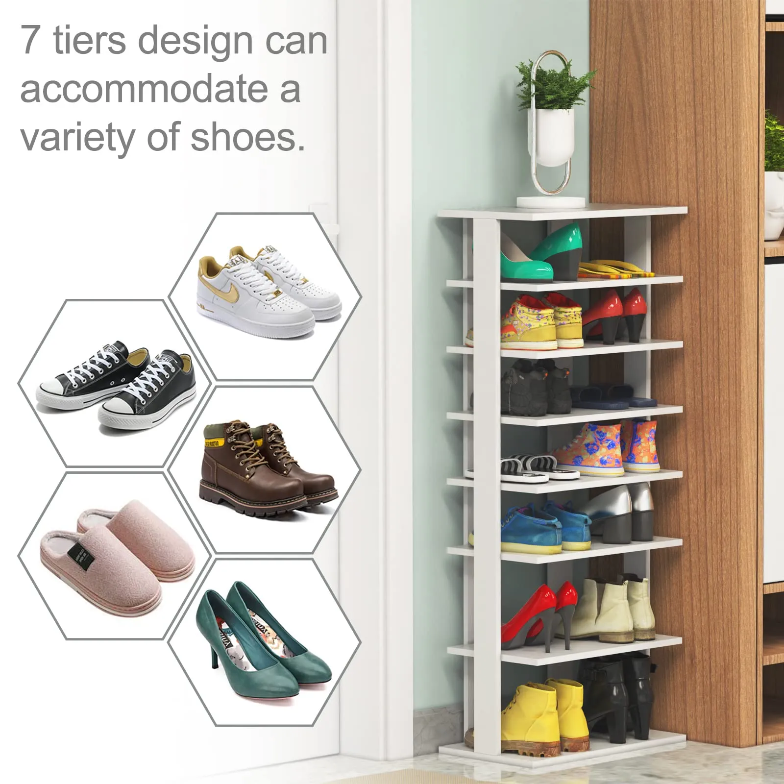 Tangkula 7 Tiers Vertical Shoe Rack, Entryway Wooden Shoes Racks, Modern Shoe Rack Organizer