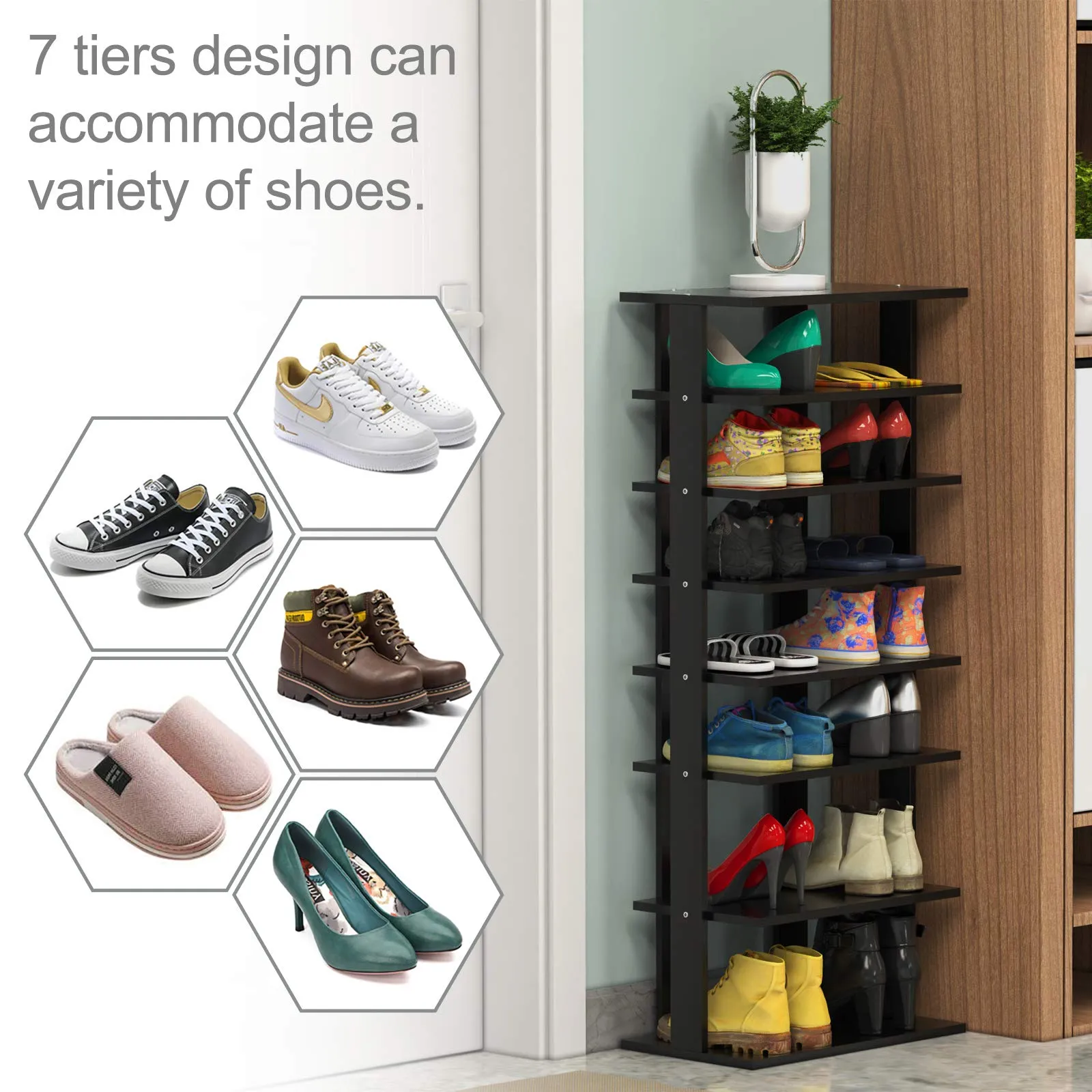 Tangkula 7 Tiers Vertical Shoe Rack, Entryway Wooden Shoes Racks, Modern Shoe Rack Organizer