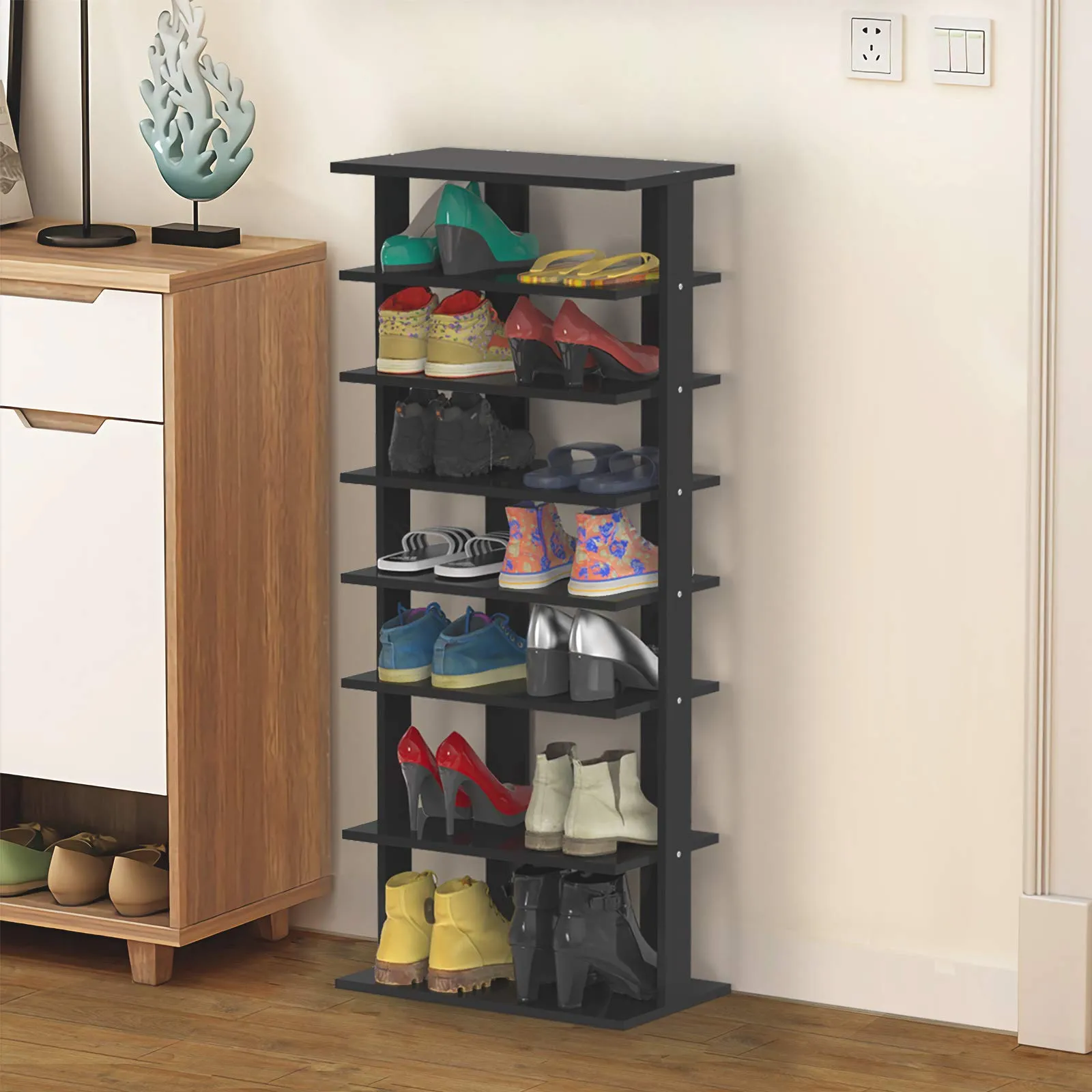 Tangkula 7 Tiers Vertical Shoe Rack, Entryway Wooden Shoes Racks, Modern Shoe Rack Organizer